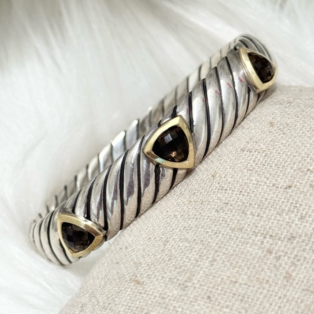 David Yurman .925 18K Gold Smokey Quartz 11mm Three Stone Bracelet